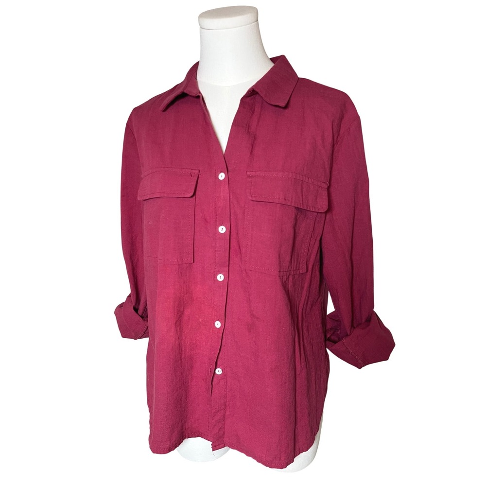 Utility Relaxed Button Down Linen Cotton Blend Roll Tab Shirt Burgundy Large